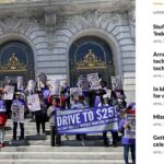 More than a hundred caregivers and nonprofit workers rallied outside City Hall today to call for a raise in the minimum wage for city contractors to $25 an hour, a proposal that has won unanimous support from the Board of Supervisors. Photo by Yujie Zhou. Taken April 11, 2023.